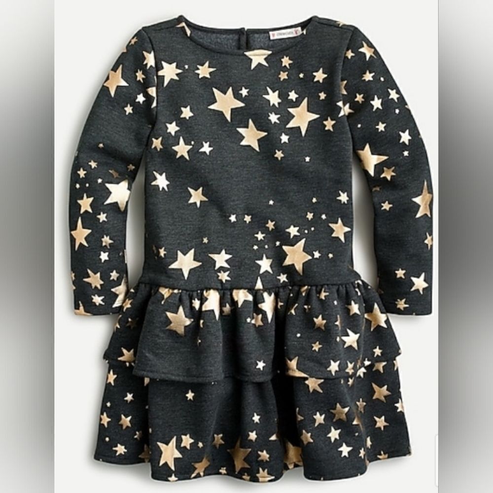 CREWCUTS Girls' Gold Stars Tiered Fleece Dress - Size Large